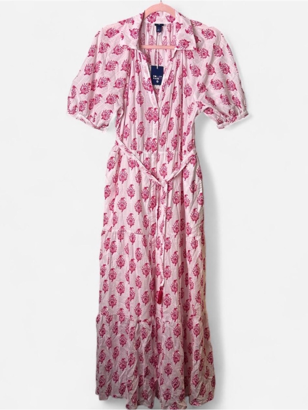 Roller Rabbit X Target Pink Red Floral Button-Up Belted Cotton Maxi Dress Medium